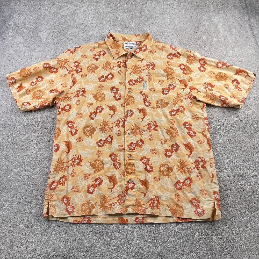 Vintage Columbia Shirt Mens Large Orange Linen Blend Hawaiian Floral Swordfish